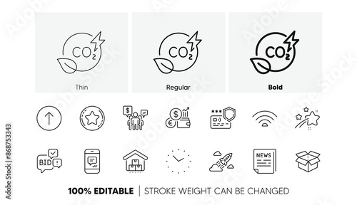 Open box, Time and Fake news line icons. Pack of Storage, Teamwork, Message icon. Swipe up, Currency rate, Loyalty star pictogram. Co2 gas, Startup rocket, Wifi. Payment protection. Line icons. Vector
