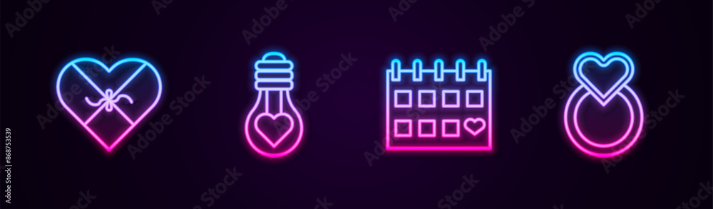 Set line Candy in heart shaped box, Heart light bulb, Calendar with and Wedding rings. Glowing neon icon. Vector Set line Candy in heart shaped box, Heart light bulb, Calendar with and Wedding rings. Glowing neon icon. Vector