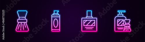 Set line Shaving brush, gel foam, Aftershave and and. Glowing neon icon. Vector