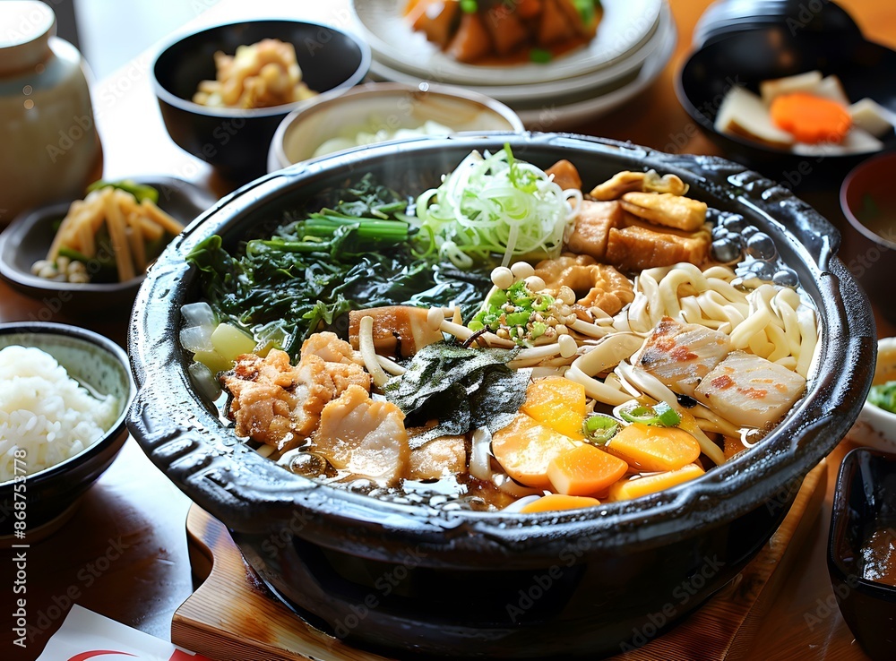 A delicious Japanese dish with rice, noodles, vegetables and meat A delicious Japanese dish with rice, noodles, vegetables and meat