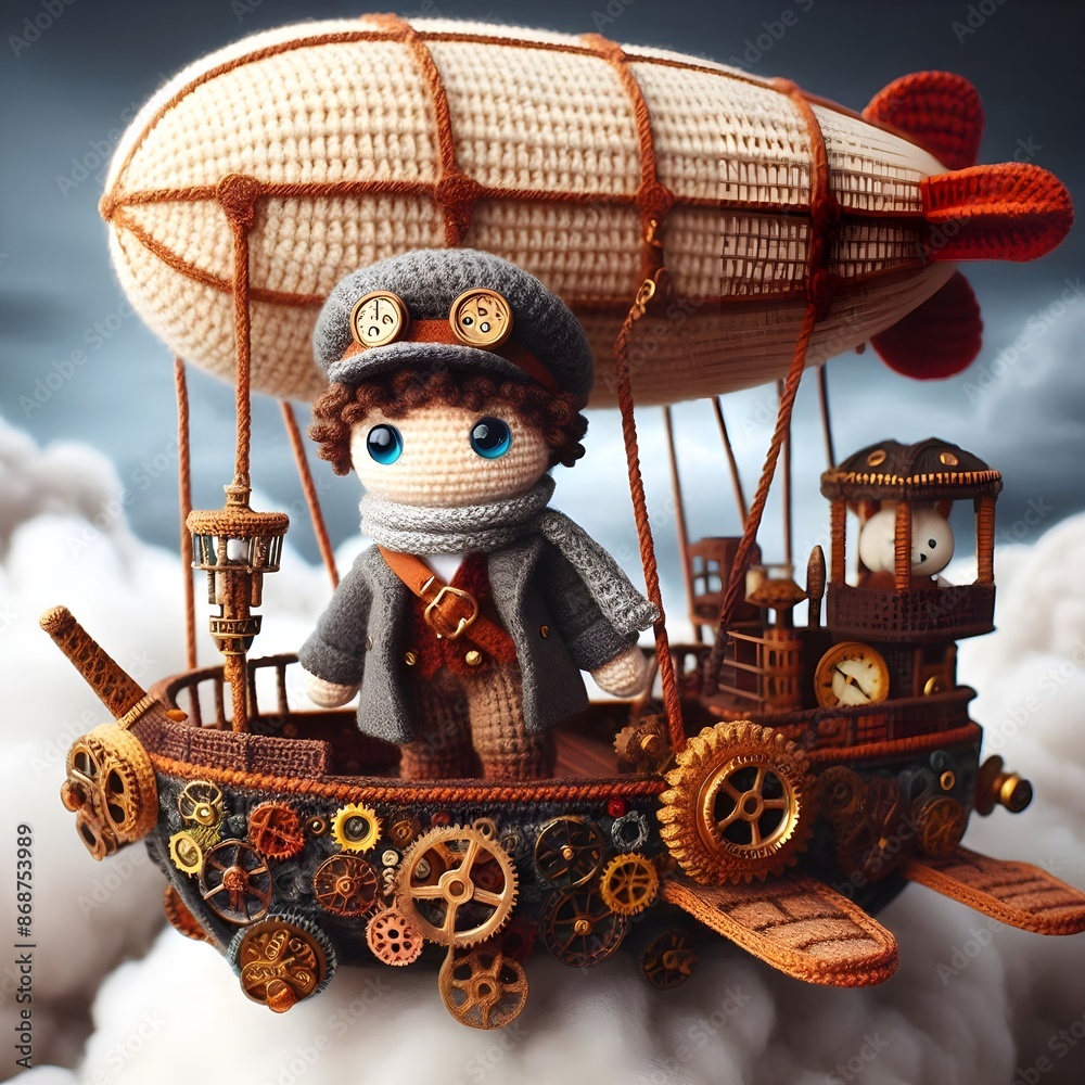 Naklejka premium Handmade crochet amigurumi toys in a steampunk airship adventure scene, including a pilot, airship, and clockwork gears against a cloudy sky