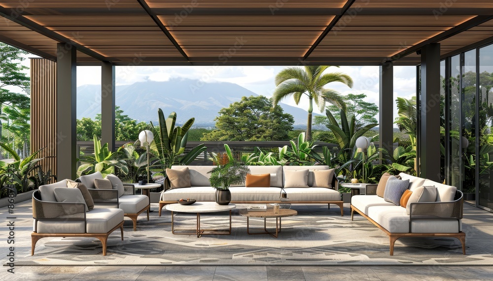 Fototapeta premium Luxurious outdoor seating terrace with stunning mountain landscape view for ultimate relaxation