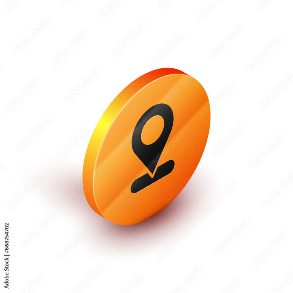 Isometric Map pin icon isolated on white background. Navigation, pointer, location, map, gps, direction, place, compass, search concept. Orange circle button. Vector Isometric Map pin icon isolated on white background. Navigation, pointer, location, map, gps, direction, place, compass, search concept. Orange circle button. Vector