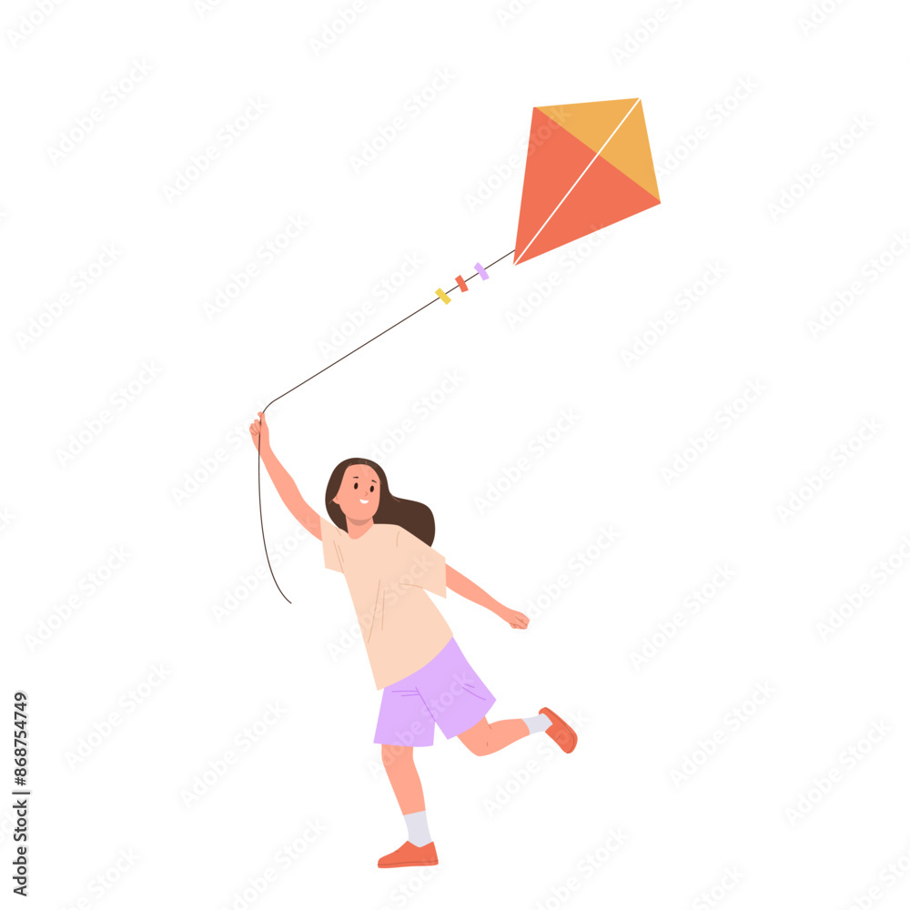 Playful girl child cartoon character running with colorful flying kite isolated on white background