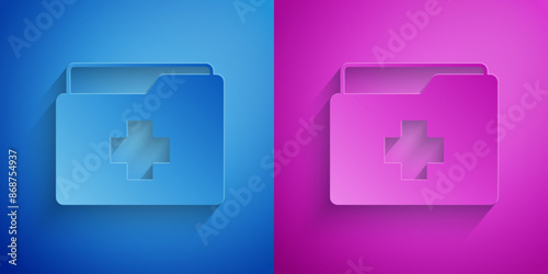 Paper cut Medical clipboard with clinical record icon isolated on blue and purple background. Prescription, medical check marks report. Paper art style. Vector