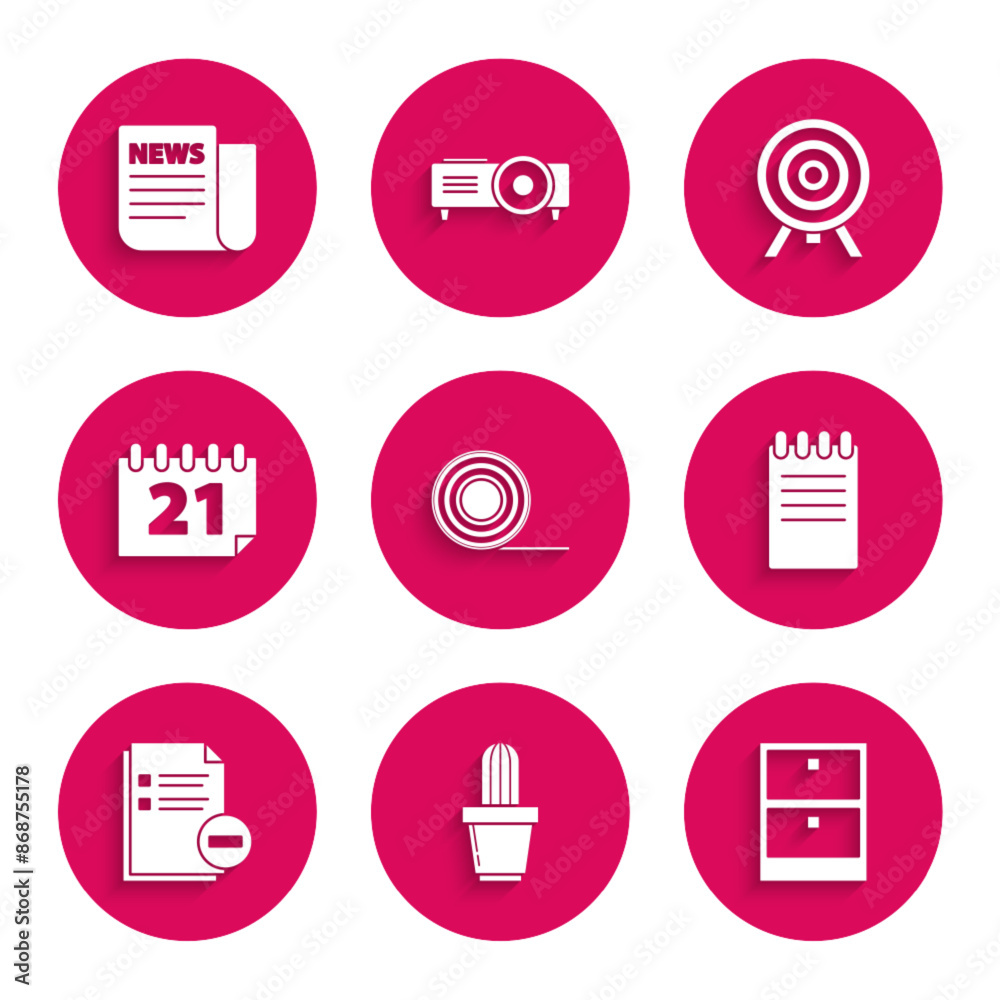 Set Scotch, Cactus and succulent in pot, Archive papers drawer, Notebook, Document with minus, Calendar, Target and News icon. Vector Set Scotch, Cactus and succulent in pot, Archive papers drawer, Notebook, Document with minus, Calendar, Target and News icon. Vector