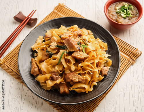 Stir fried flat noodle and pork with dark soy sauce. Indonesia said called Bakmie Jowo isolated in white background . photo