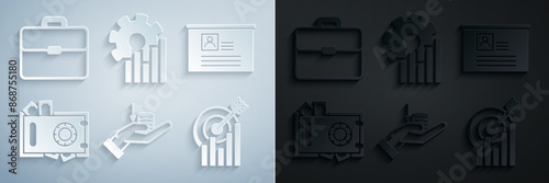 Set Money on hand, Board with resume, Safe money, Target graph chart, Pie infographic and Briefcase icon. Vector