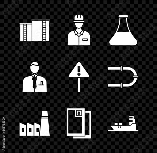 Set Oil industrial factory building, Oilman, petrol test tube, Barrel oil, tanker ship, Businessman stock market trader and Exclamation triangle icon. Vector