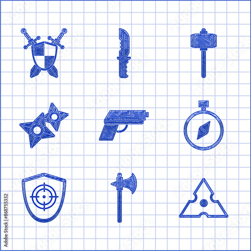 Set Pistol or gun, Medieval axe, Japanese ninja shuriken, Compass, Target sport, Battle hammer and shield with crossed swords icon. Vector