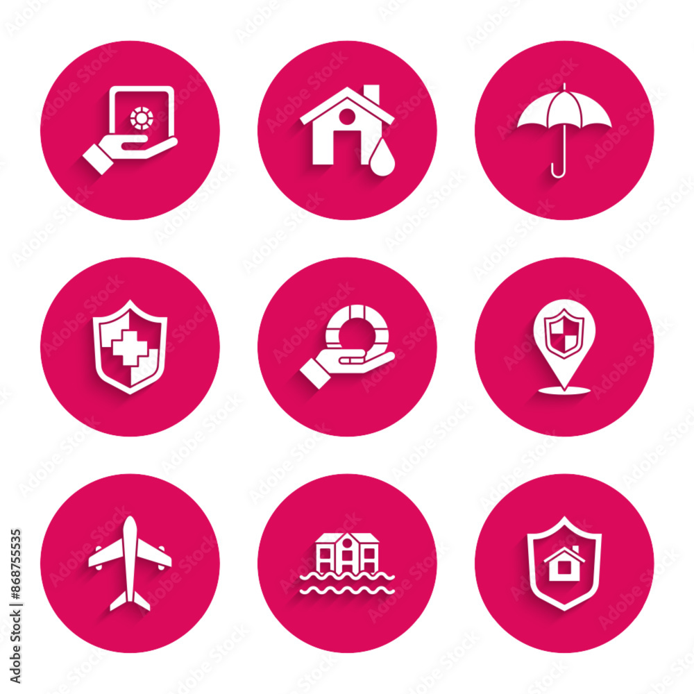 Set Lifebuoy in hand, House flood, with shield, Location, Plane, insurance, Umbrella and Safe icon. Vector Set Lifebuoy in hand, House flood, with shield, Location, Plane, insurance, Umbrella and Safe icon. Vector
