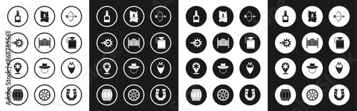 Set Bow and arrow in quiver, Saloon door, Spur, Tequila bottle, Canteen water, Wanted western poster, Cowboy bandana and Hexagram sheriff icon. Vector