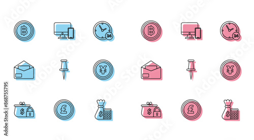 Set line Closed wallet with lock, Coin money pound sterling symbol, Cryptocurrency coin Bitcoin, Calculator bag, Push pin, Yen, Envelope and Computer monitor and mobile phone icon. Vector