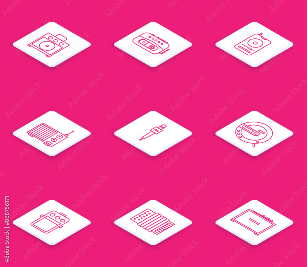 Set line Guitar amplifier, Music tape player, Radio with antenna, Microphone, CD, pedal and Musical instrument accordion icon. Vector