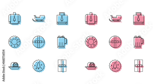 Set line Marzipan sponge cake, Cookie or biscuit with chocolate, Christmas sweater, Gift box, Hot cup marshmallows, wreath and santa claus sleigh icon. Vector