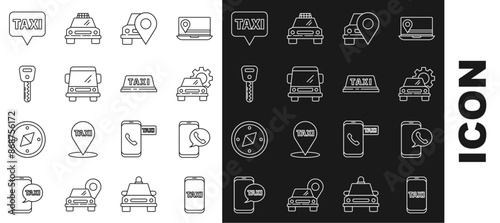 Set line Taxi call telephone service, Car, Map pointer with taxi, key, and car roof icon. Vector