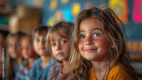 Smiling freckled girl with classmates lined up in colorful classroom, showcasing childhood diversity and friendship. Concept of education, inclusivity, and innocence.
