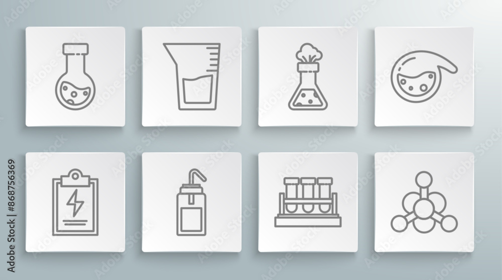 Set line Laboratory clipboard with checklist, glassware beaker, wash bottle, Test tube and flask chemical, Bacteria, and icon. Vector Set line Laboratory clipboard with checklist, glassware beaker, wash bottle, Test tube and flask chemical, Bacteria, and icon. Vector