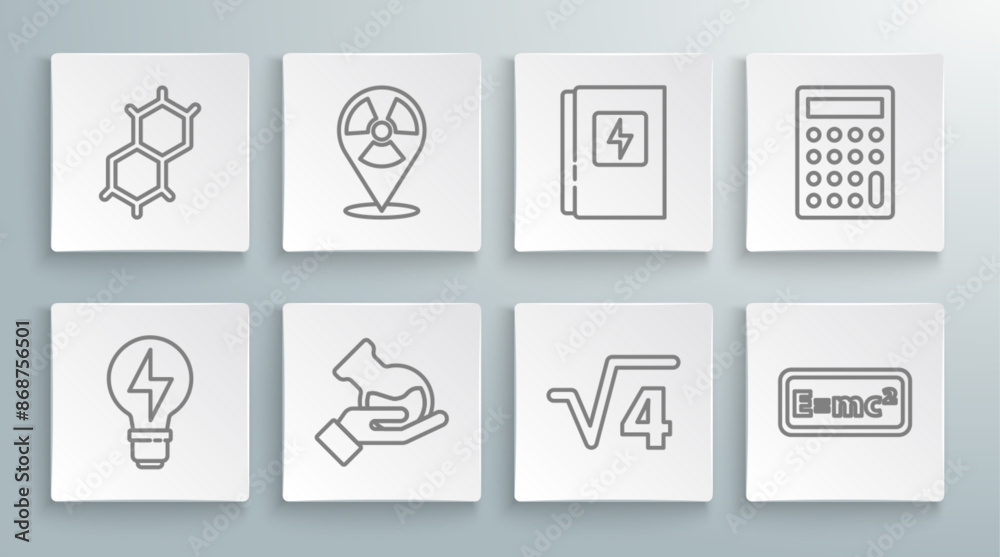 Set line Light bulb with lightning, Radioactive location, Test tube and flask, Square root of 4 glyph, Equation solution, Electrical panel, Calculator and Chemical formula icon. Vector Set line Light bulb with lightning, Radioactive location, Test tube and flask, Square root of 4 glyph, Equation solution, Electrical panel, Calculator and Chemical formula icon. Vector