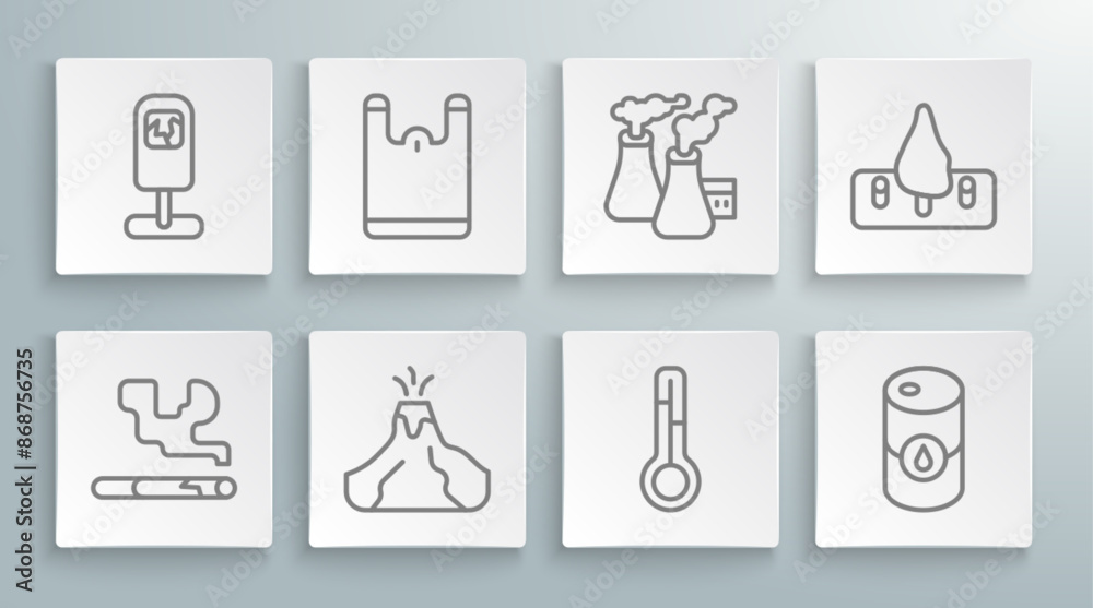 Set line Cigarette, Plastic bag, Volcano eruption with lava, Meteorology thermometer, Barrel oil, Smoke from factory, Deforestation and Trash icon. Vector Set line Cigarette, Plastic bag, Volcano eruption with lava, Meteorology thermometer, Barrel oil, Smoke from factory, Deforestation and Trash icon. Vector