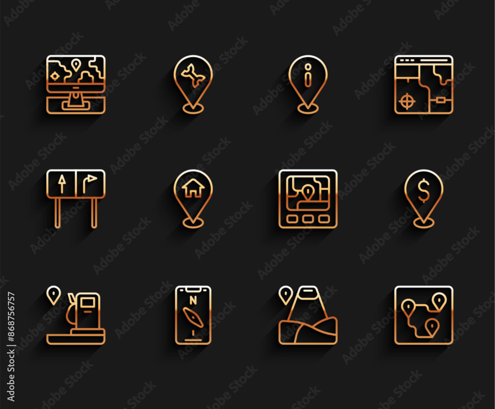 Set line Location and gas station, Compass mobile, Monitor with location marker, mountain, Route, house, Cash and Gps device map icon. Vector Set line Location and gas station, Compass mobile, Monitor with location marker, mountain, Route, house, Cash and Gps device map icon. Vector