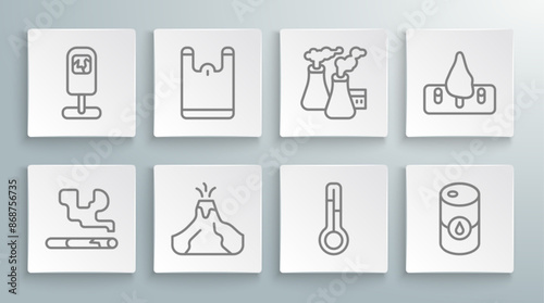 Set line Cigarette, Plastic bag, Volcano eruption with lava, Meteorology thermometer, Barrel oil, Smoke from factory, Deforestation and Trash icon. Vector