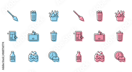 Set line Bottle for cleaning agent, Sponge, Handle broom, Washing dishes, Washbasin, Trash can, Cleaning service window and Full trash icon. Vector