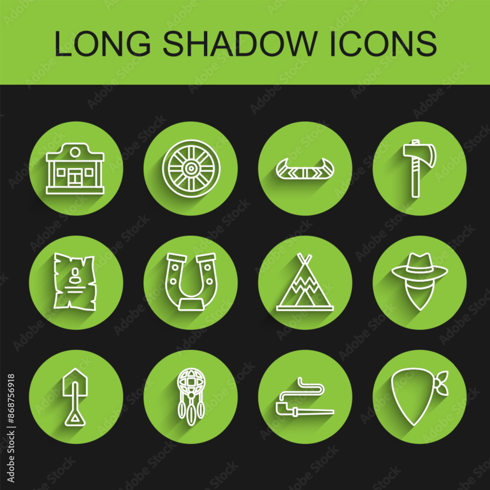 Set line Shovel, Dream catcher with feathers, Wild west saloon, Smoking pipe, Cowboy bandana, Horseshoe, and Indian teepee wigwam icon. Vector Set line Shovel, Dream catcher with feathers, Wild west saloon, Smoking pipe, Cowboy bandana, Horseshoe, and Indian teepee wigwam icon. Vector