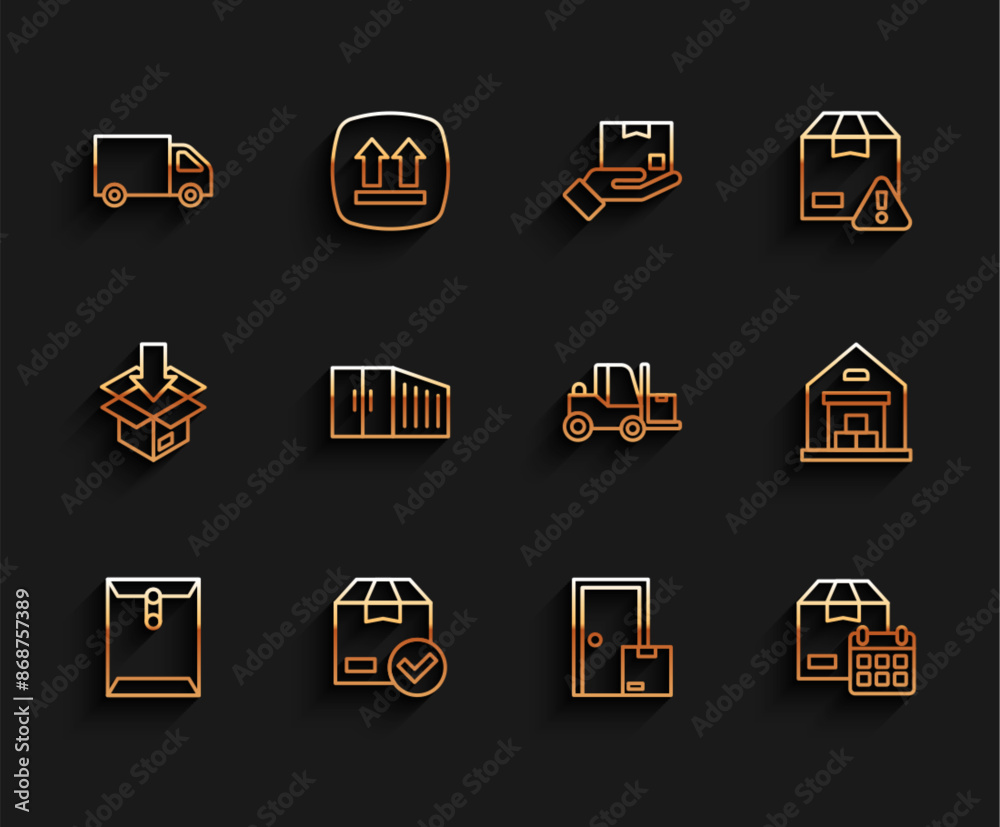 Set line Envelope, ackage box with check mark, Delivery cargo truck, Home delivery services, Cardboard calendar, Container, Warehouse and Forklift icon. Vector Set line Envelope, ackage box with check mark, Delivery cargo truck, Home delivery services, Cardboard calendar, Container, Warehouse and Forklift icon. Vector