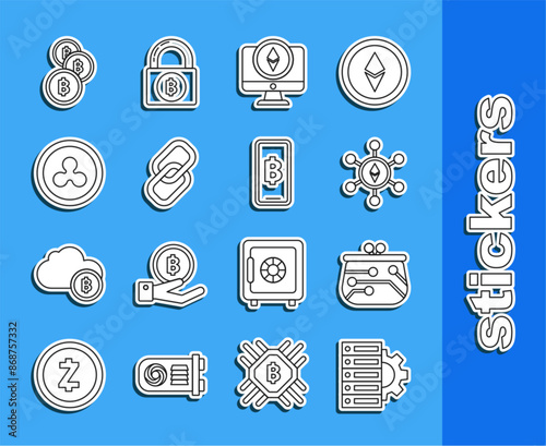 Set line Server and gear, Cryptocurrency wallet, Blockchain technology Ethereum ETH, Monitor coin, Chain link, Ripple XRP, Bitcoin and Phone mobile cryptocurrency icon. Vector