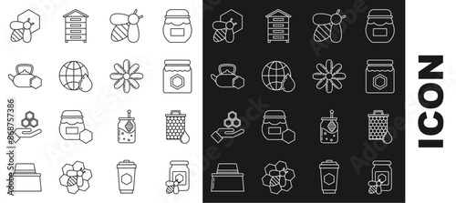 Set line Jar of honey with bee, Honeycomb, Bee, map the world, Tea kettle, and honeycomb and Flower icon. Vector