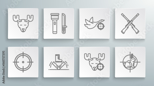 Set line Target sport for shooting competition, Flashlight and knife, Trap hunting, Hunt moose with crosshairs, rabbit, duck, Two crossed shotguns and Moose head horns icon. Vector
