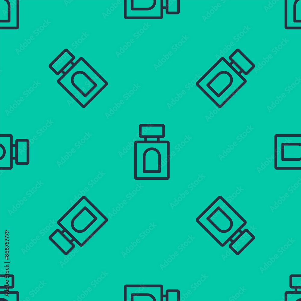 Blue line Aftershave icon isolated seamless pattern on green background. Cologne spray icon. Male perfume bottle. Vector Blue line Aftershave icon isolated seamless pattern on green background. Cologne spray icon. Male perfume bottle. Vector