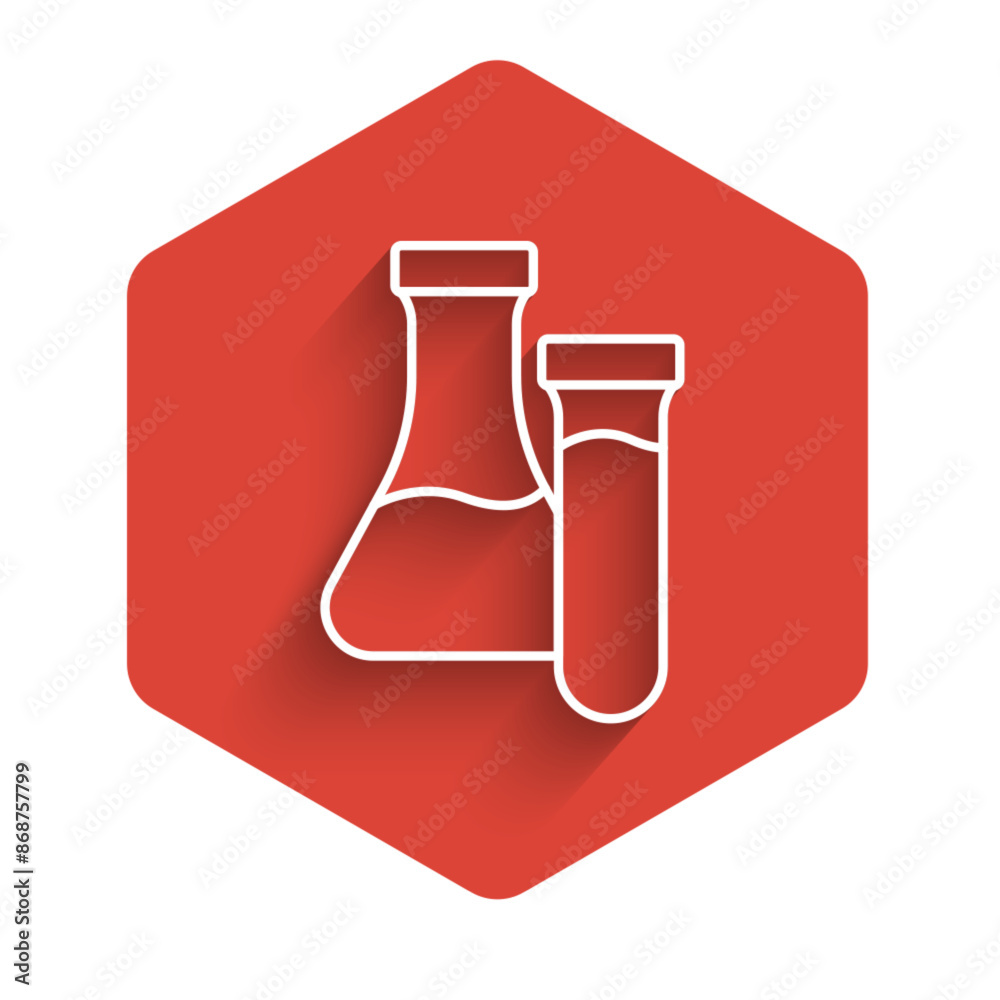 White line Test tube and flask chemical laboratory test icon isolated with long shadow background. Laboratory glassware sign. Red hexagon button. Vector White line Test tube and flask chemical laboratory test icon isolated with long shadow background. Laboratory glassware sign. Red hexagon button. Vector