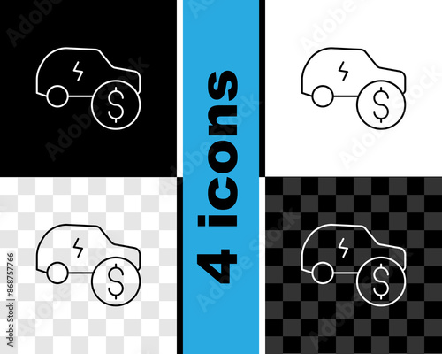 Set line Electric car price icon isolated on black and white, transparent background. Electric auto industry growth concept. Electric car sale concept. Vector