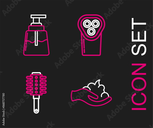 Set line Shaving gel foam on hand, Hairbrush, Electrical hair clipper or shaver and Aftershave icon. Vector