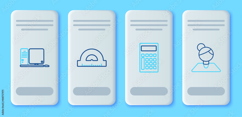 Set line Protractor grid for measuring degrees, Calculator, Computer monitor with keyboard and mouse and Teacher icon. Vector Set line Protractor grid for measuring degrees, Calculator, Computer monitor with keyboard and mouse and Teacher icon. Vector