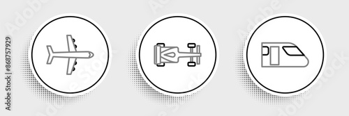 Set line Train, Plane and Formula race car icon. Vector