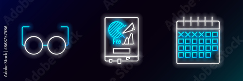 Set line Calendar, Glasses and Board with graph chart icon. Glowing neon. Vector