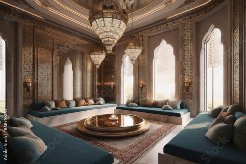 Stunning Islamic Interior Design with Majestic Chandelier and Ornate Details - Detailed Image of Luxurious Hall in Eastern Style Featuring Rich Royal Decor photo