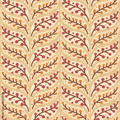 Autumn berries twigs seamless pattern. Rowanberry brunch ornament repeat background. Vector hand drawn flat illustration.