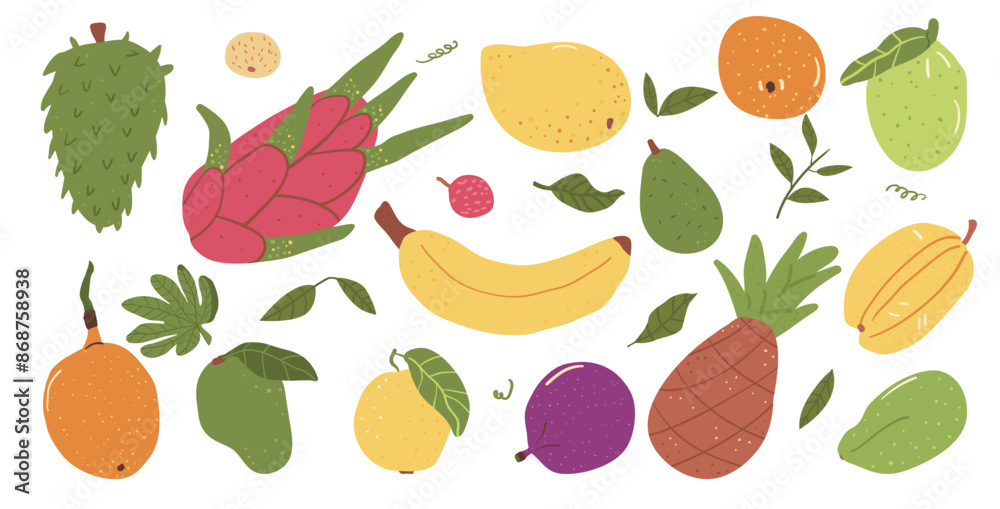 Tropical fruits isolated on white background. Vector hand drawn flat collection illustration. Tropical fruits isolated on white background. Vector hand drawn flat collection illustration.