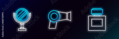 Set line Aftershave, Round makeup mirror and Hair dryer icon. Glowing neon. Vector