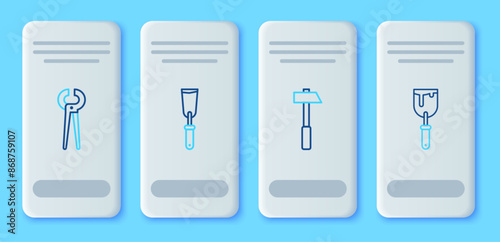 Set line Putty knife, Hammer, Pincers and pliers and icon. Vector