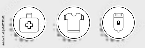 Set line Electrical hair clipper or shaver, First aid kit and T-shirt icon. Vector