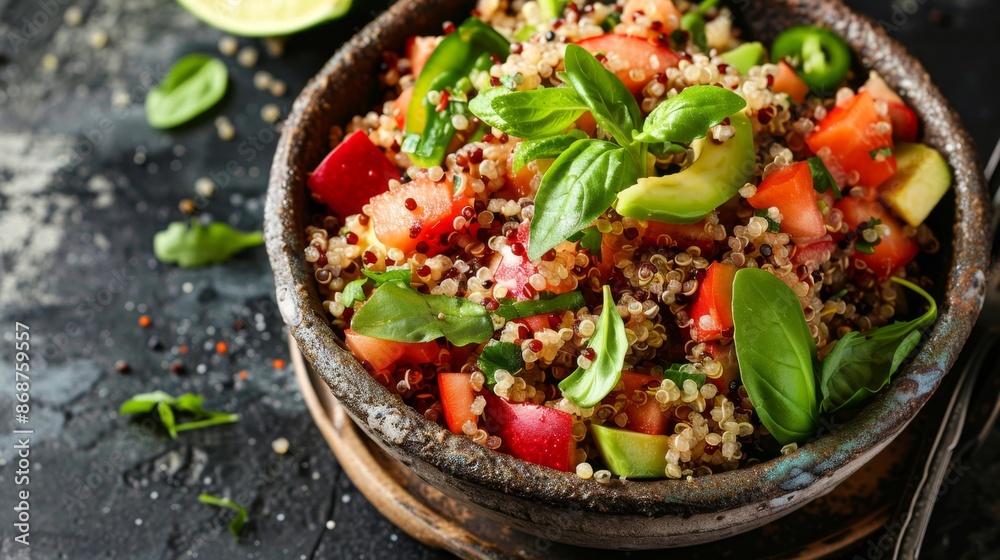 A nutritious quinoa salad featuring fresh tomatoes, avocado, and basil leaves, served in a rustic bowl, A nutritious quinoa salad featuring fresh tomatoes, avocado, and basil leaves, served in a rustic bowl,