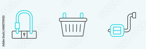 Set line Bicycle pedal, lock and basket icon. Vector