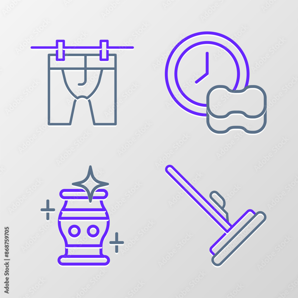 Set line Mop, Clean vase, Washing dishes and Drying clothes icon. Vector Set line Mop, Clean vase, Washing dishes and Drying clothes icon. Vector