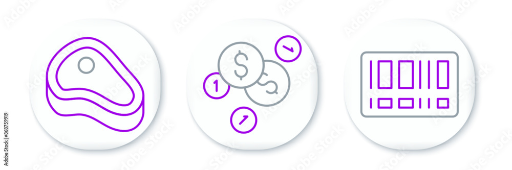 Set line Barcode, Steak meat and Coin money with dollar icon. Vector Set line Barcode, Steak meat and Coin money with dollar icon. Vector