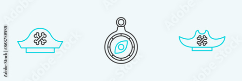 Set line Pirate hat, and Compass icon. Vector